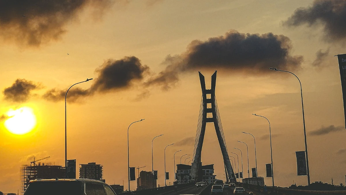 Sunset over the cable-stayed Lekki-Ikoyi Link Bridge in Lagos